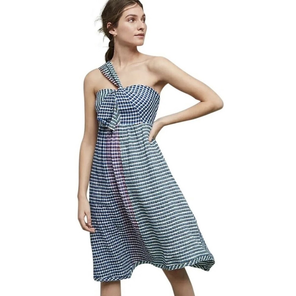 Anthropologie Maeve Waverly One-Shoulder‎ Dress Gingham Checkered Size 4